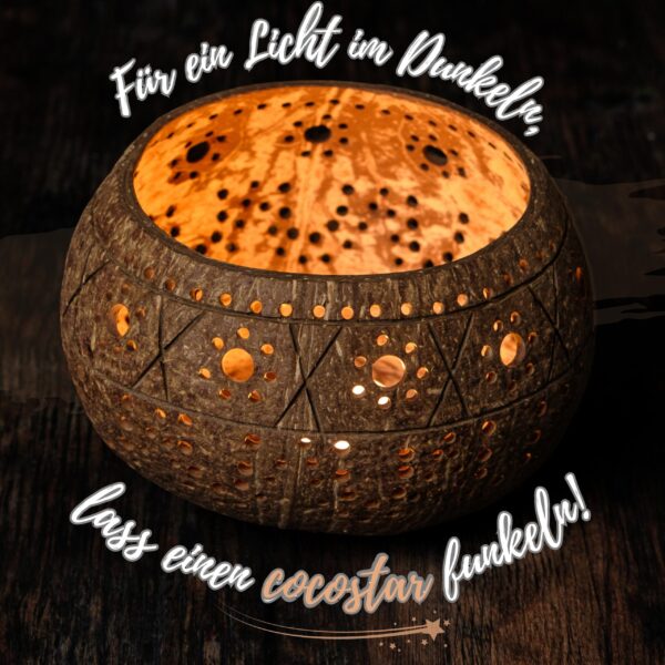 Kokosnuss Windlicht HIPPIE mit handgeknüpften Untersetzer aus recycelten Kokosfasern – Bild 5