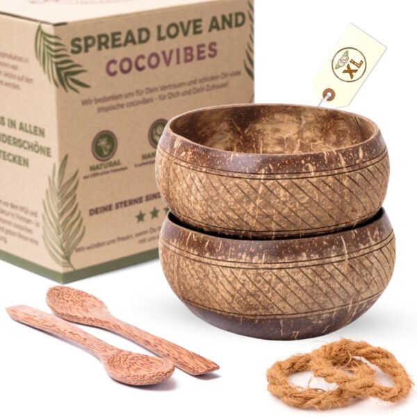 Jumbo Kokosnuss Schale SAMOA im 2er Set inkl. 2 Kokosholzlöffel und 2 Untersetzer – Bild 7