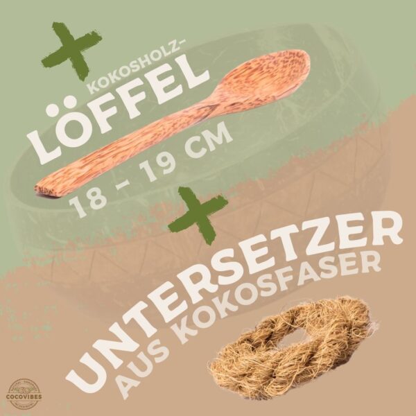 Jumbo Kokosnuss Schale ARUBA inkl. Kokosholzlöffel und Untersetzer aus Kokosfasern – Bild 6