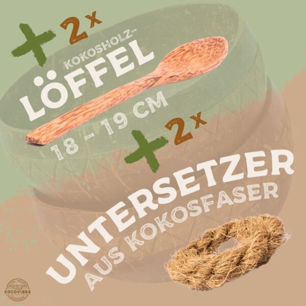 Jumbo Kokosnuss Schale ARUBA im 2er Set inkl. 2 Kokosholzlöffel und 2 Untersetzer – Bild 5