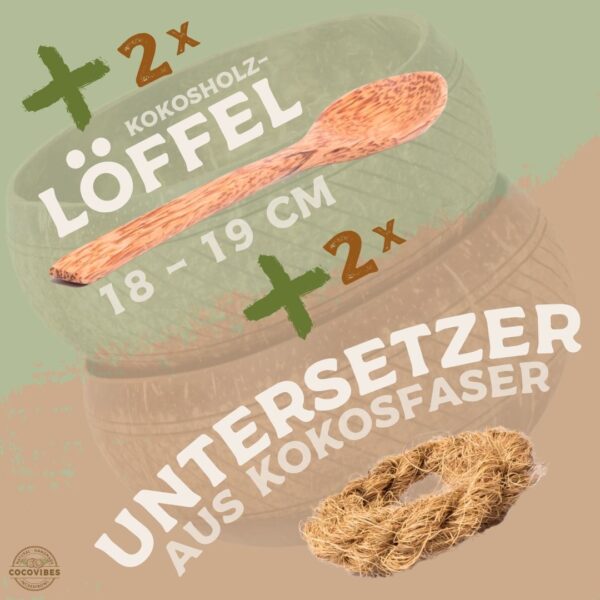 Jumbo Kokosnuss Schale SAMOA im 2er Set inkl. 2 Kokosholzlöffel und 2 Untersetzer – Bild 5