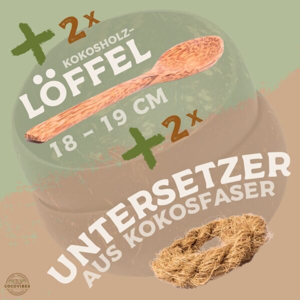 Kokosnuss Schale CLASSIC im 2er Set inkl. 2 Kokosholzlöffel und 2 Untersetzer – Bild 5