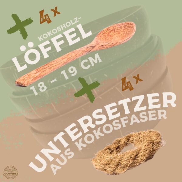 Kokosnuss Schale CLASSIC im 4er Set inkl. 4 Kokosholzlöffel und 4 Untersetzer - Family Set – Bild 5