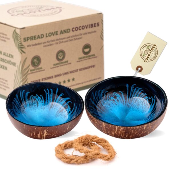 Kokosnuss Schale OCEAN im 2er Set Splash blau inkl. 2 Untersetzer aus Kokosfasern - Base Set – Bild 7