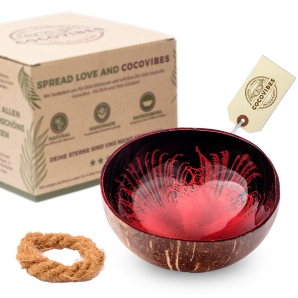 Kokosnuss Schale RUBY Splash rot inkl. Untersetzer aus Kokosfasern – Bild 7