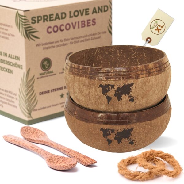 Jumbo Kokosnuss Schale ONE WORLD im 2er Set inkl. 2 Kokosholzlöffel und 2 Untersetzer – Bild 7
