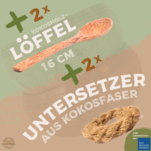Jumbo Kokosnuss Schale ONE WORLD im 2er Set inkl. 2 Kokosholzlöffel und 2 Untersetzer – Bild 5