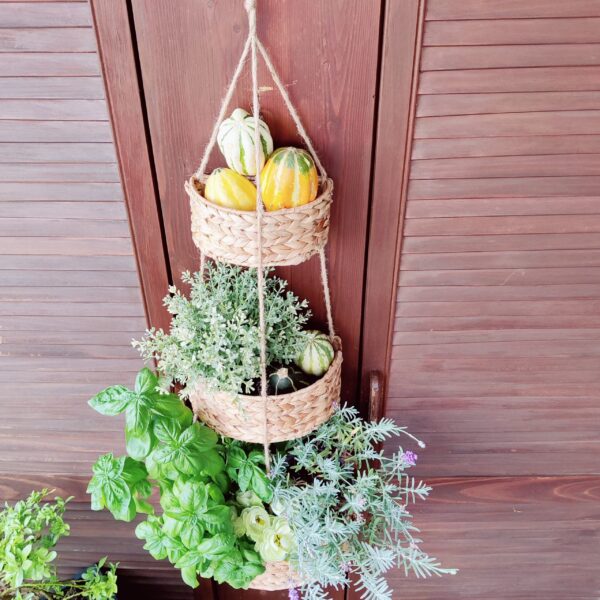 Hänge-Wandkorb WANDA mit 3 Körben aus Wasserhyazinthe / Obstkorb / Hänge-Etagere rund 30+23+18 cm, 90 cm lang – Bild 8
