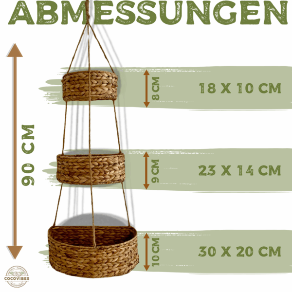 Hänge-Wandkorb WANDA mit 3 Körben aus Wasserhyazinthe / Obstkorb / Hänge-Etagere rund 30+23+18 cm, 90 cm lang – Bild 4