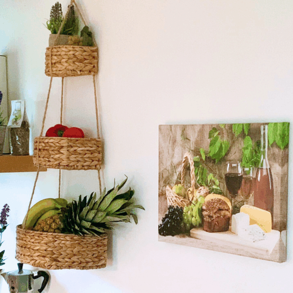 Hänge-Wandkorb WANDA mit 3 Körben aus Wasserhyazinthe / Obstkorb / Hänge-Etagere rund 30+23+18 cm, 90 cm lang – Bild 5