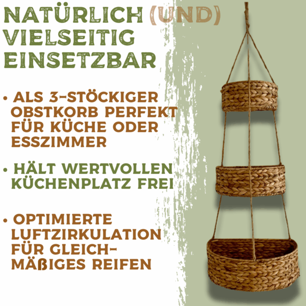 Hänge-Wandkorb WANDA mit 3 Körben aus Wasserhyazinthe / Obstkorb / Hänge-Etagere rund 30+23+18 cm, 90 cm lang – Bild 3
