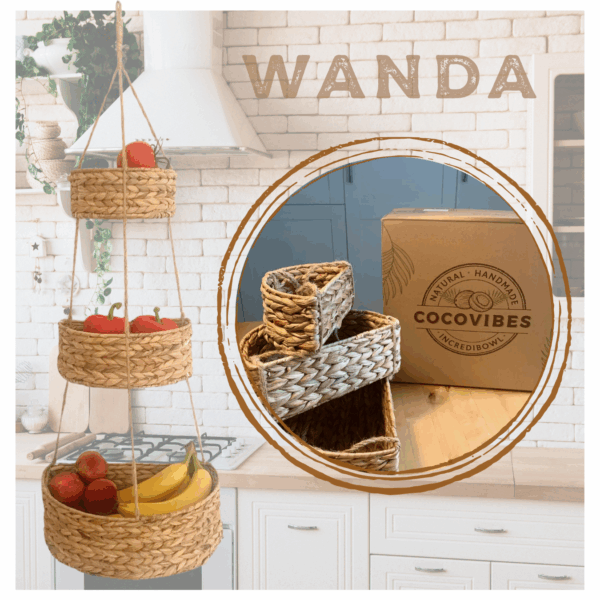 Hänge-Wandkorb WANDA mit 3 Körben aus Wasserhyazinthe / Obstkorb / Hänge-Etagere rund 30+23+18 cm, 90 cm lang – Bild 2
