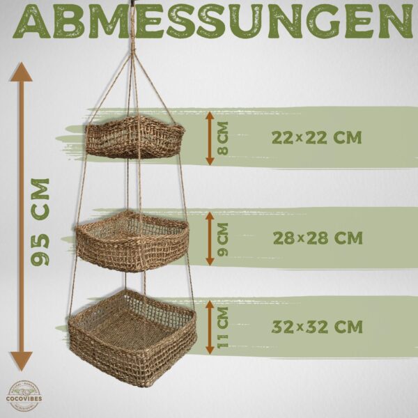 Hängekorb KAYA mit 3 Körben aus Seegras / Obstkorb / Hänge-Etagere quadratisch 32+28+22 cm – Bild 2