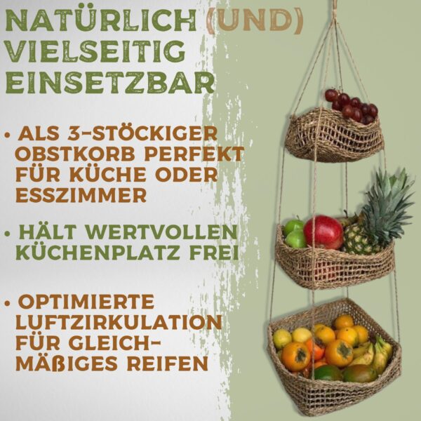 Hängekorb KAYA mit 3 Körben aus Seegras / Obstkorb / Hänge-Etagere quadratisch 32+28+22 cm – Bild 3