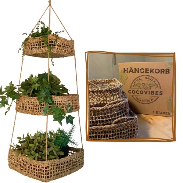 Hängekorb KAYA mit 3 Körben aus Seegras / Obstkorb / Hänge-Etagere quadratisch 32+28+22 cm – Bild 6