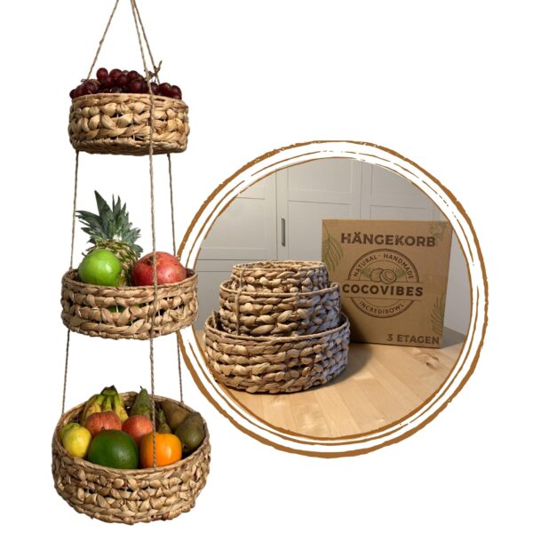Hängekorb RONDA mit 3 Körben aus Wasserhyazinthe / Obstkorb / Hänge-Etagere rund 30+25+20 cm – Bild 8